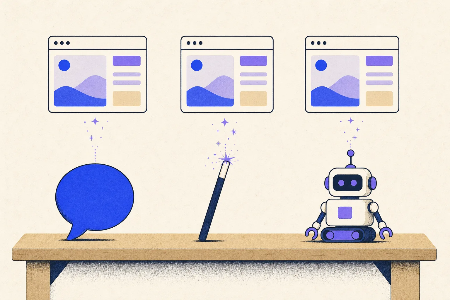 Illustration: three different tools on a workbench, each producing the same website in a browser window