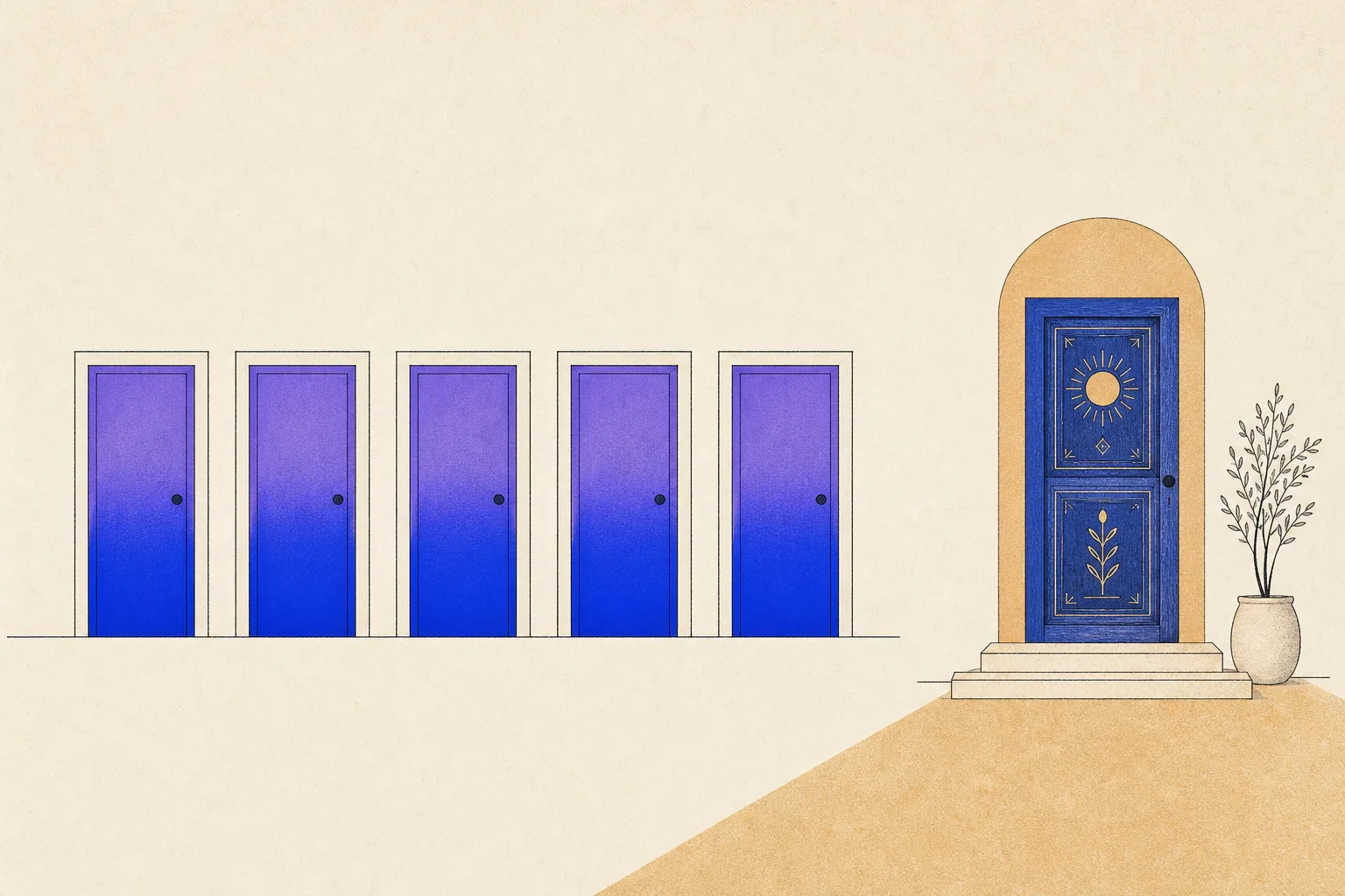 Ilustracja: rząd pięciu niemal identycznych drzwi i jedna zupełnie inna, wyróżniająca się