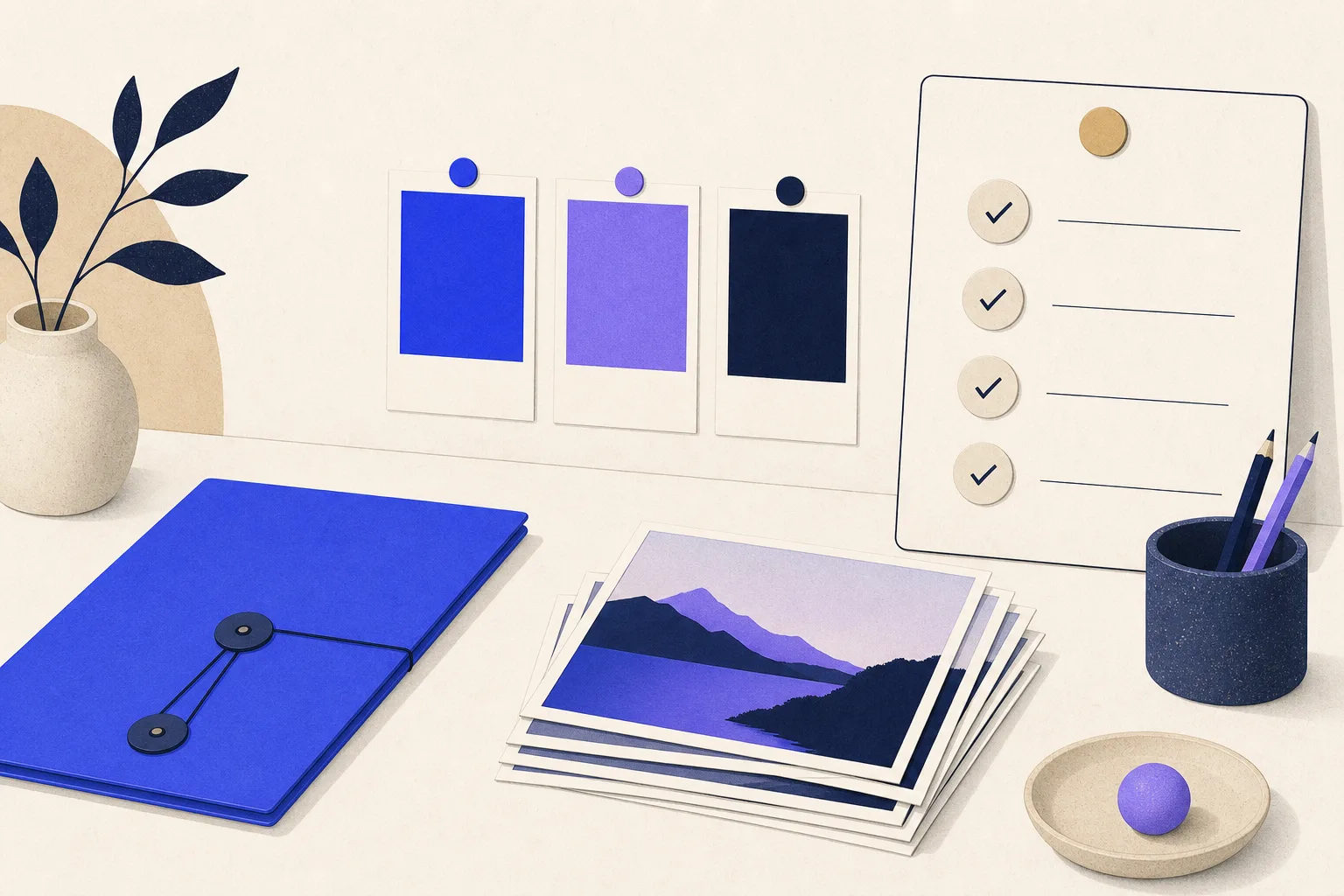 Ilustracja: uporządkowane biurko z teczką, kartami kolorów logo, stertą fotografii i tablicą zadań