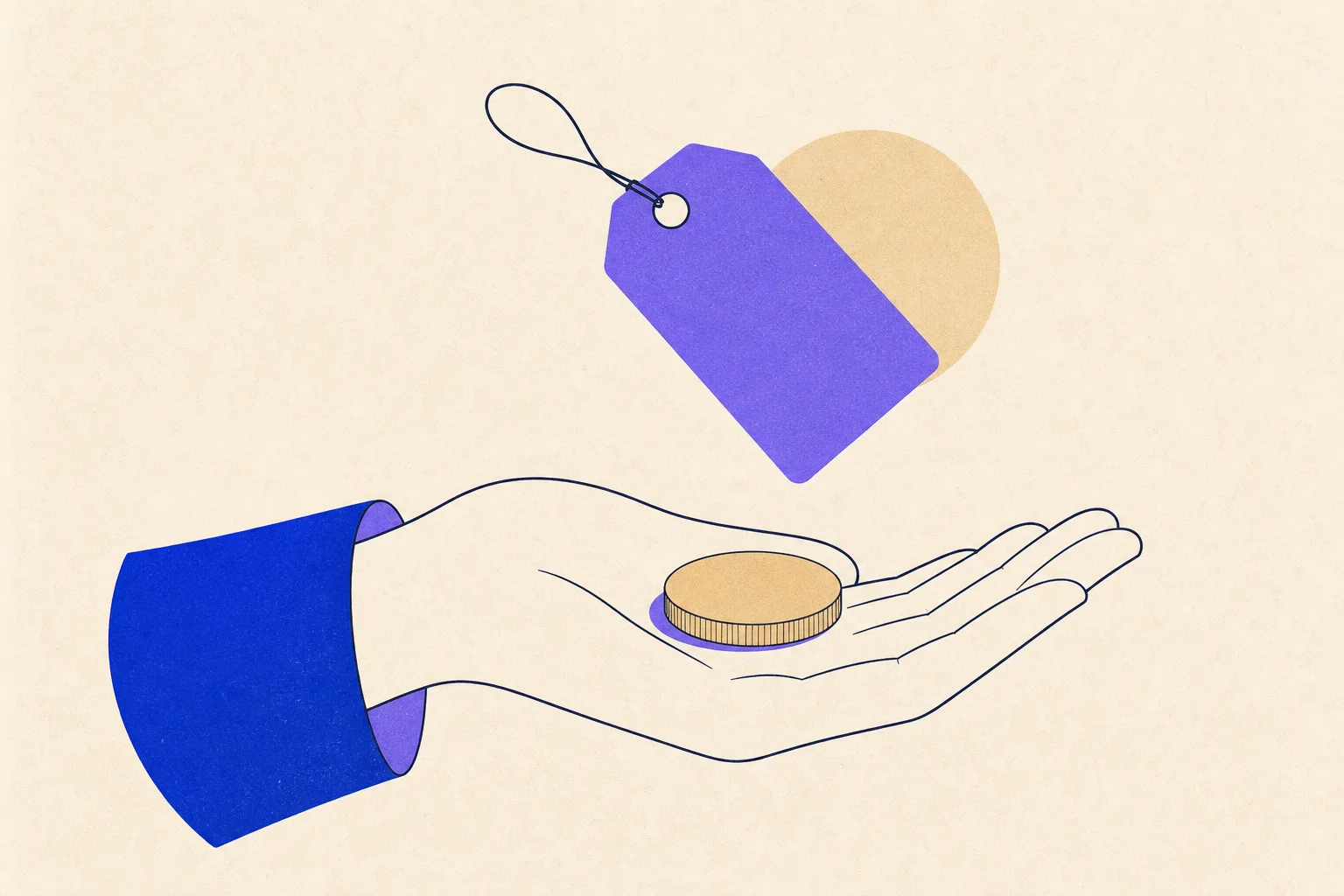 Ilustracja: otwarta dłoń z moneta, nad którą unosi się cenówka bez kwoty