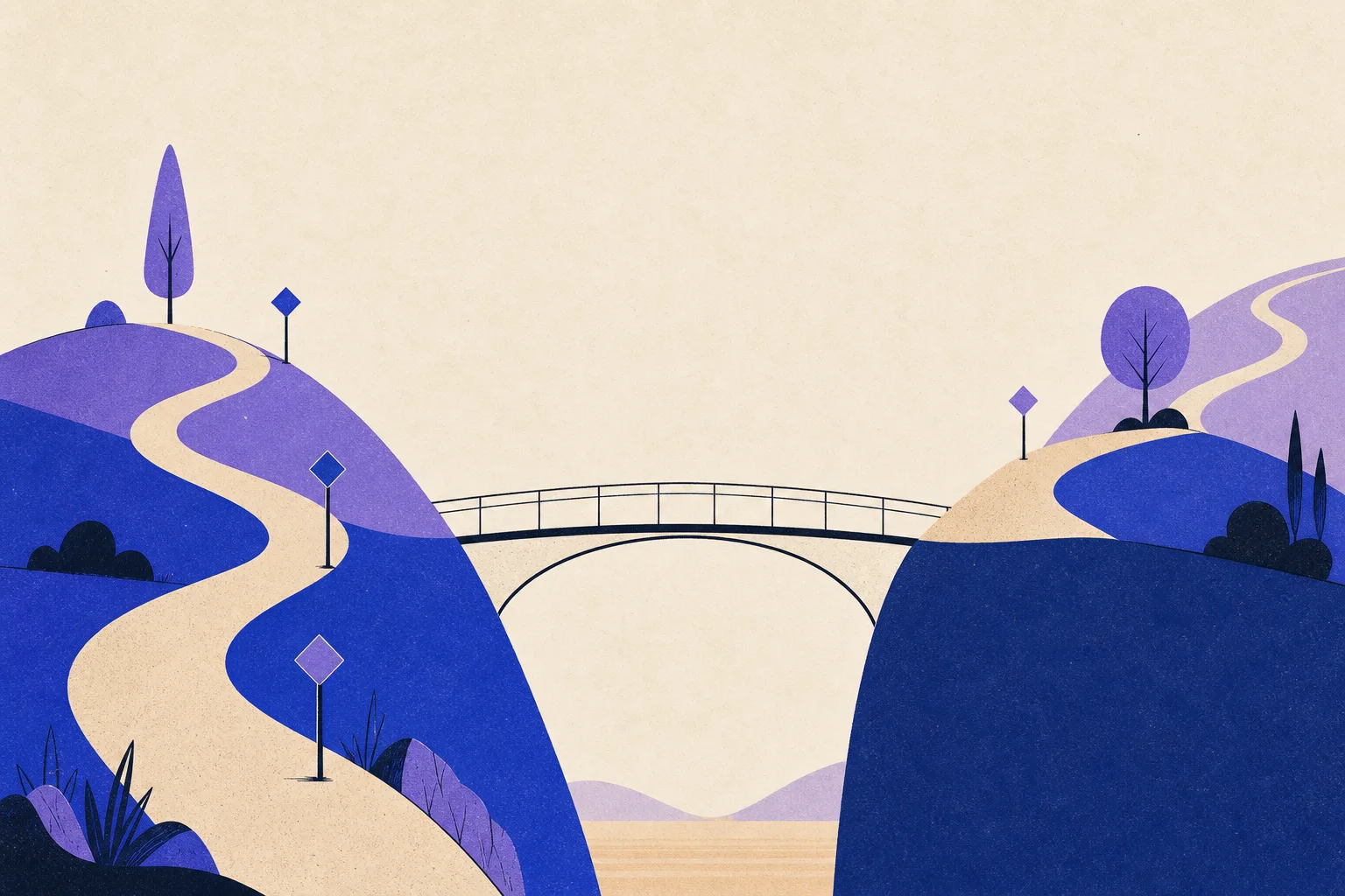 Ilustracja: dwa wzgórza połączone mostem, wzdłuż którego stoją drogowskazy