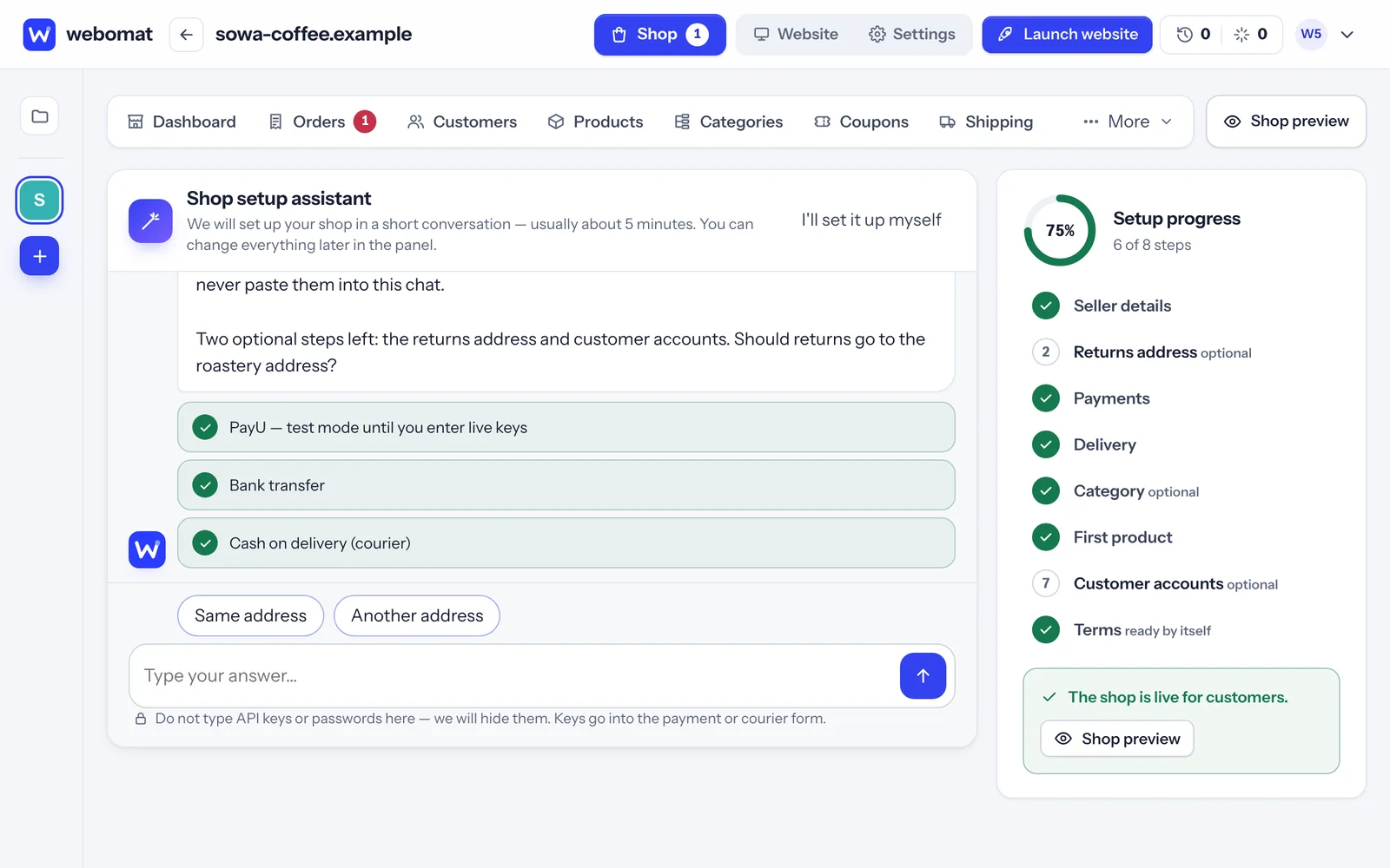 AI assistant in the shop panel discussing payment and delivery settings