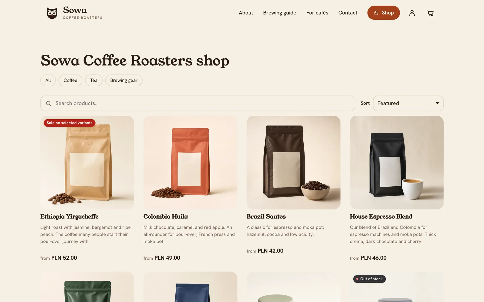 Shop catalogue on a coffee roastery website: categories and product cards with photos and prices