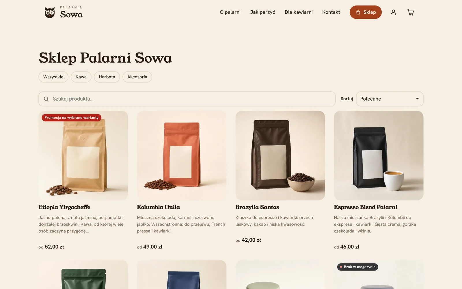 Katalog sklepu na stronie palarni kawy: kategorie i karty produktów ze zdjęciami i cenami