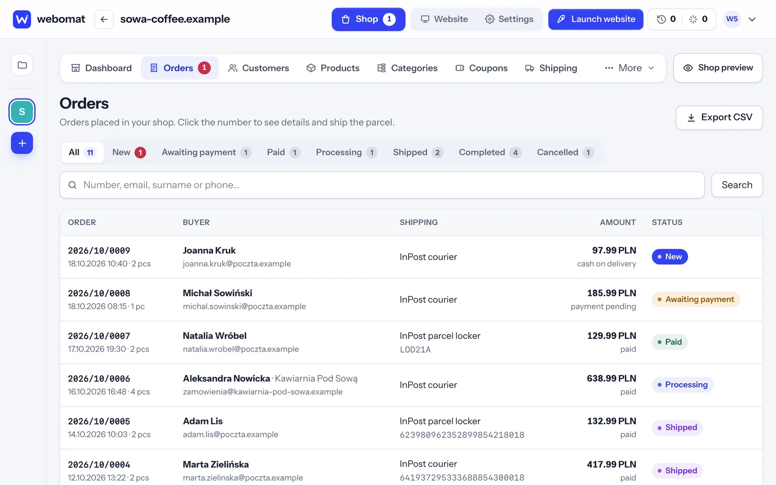 Order list in the shop panel with numbers, totals, payment and delivery statuses
