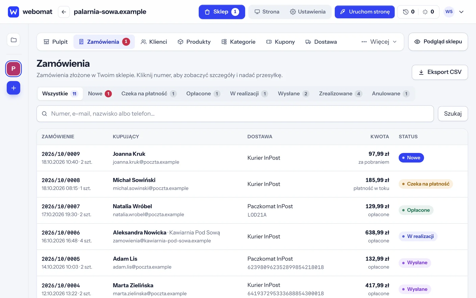 Lista zamówień w panelu sklepu z numerami, kwotami, statusami płatności i dostawy