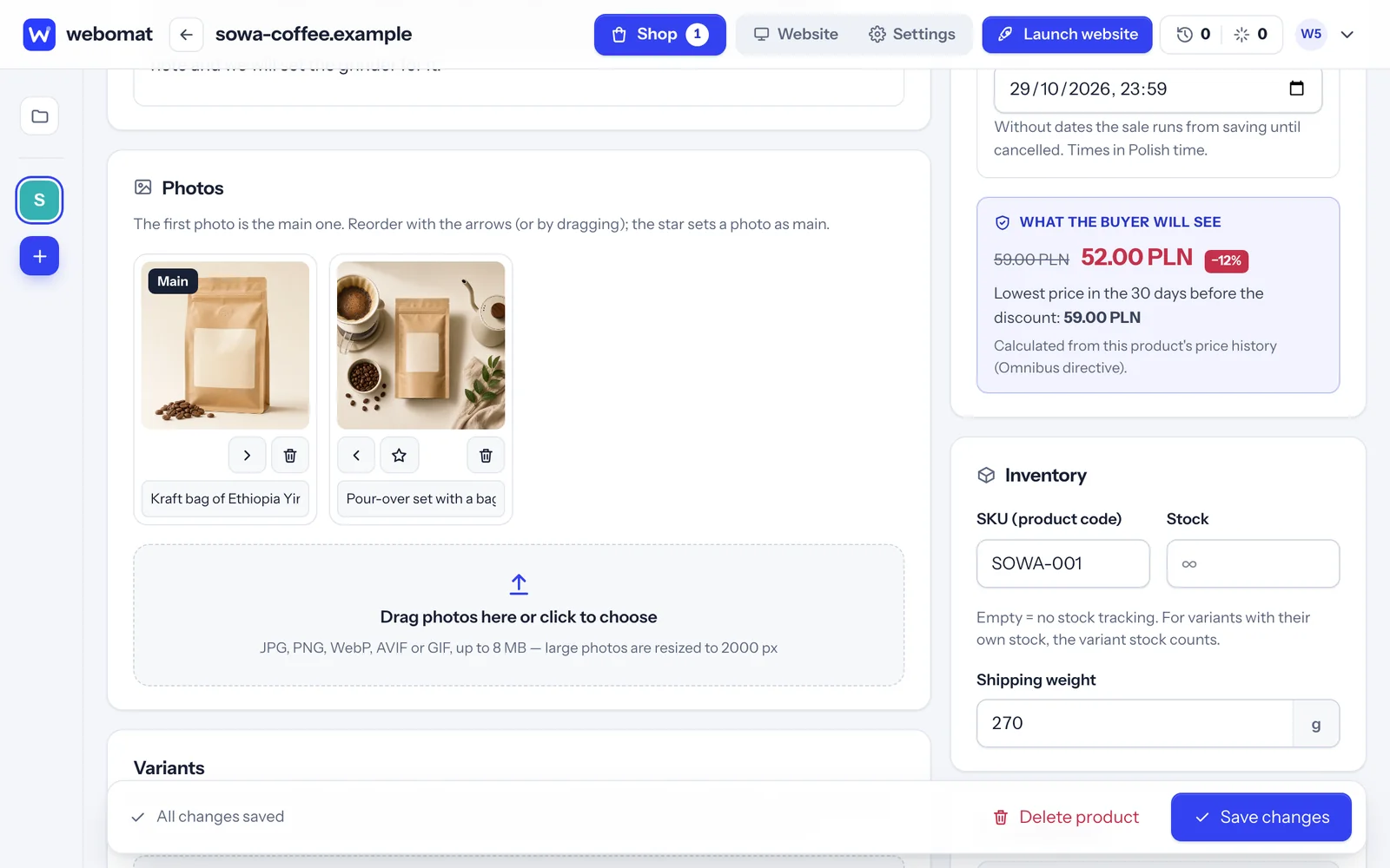 Product editor in the panel: name, price, VAT, sale price, stock and variants