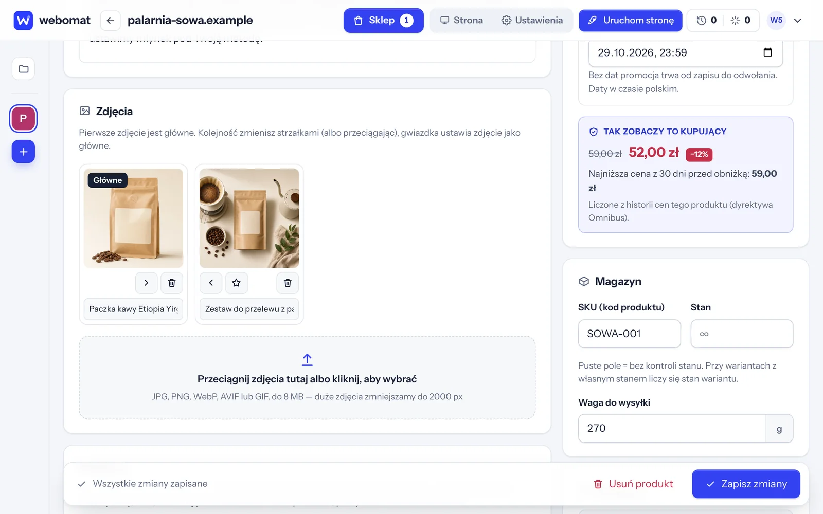 Edycja produktu w panelu: nazwa, cena, VAT, promocja, stan magazynowy i warianty