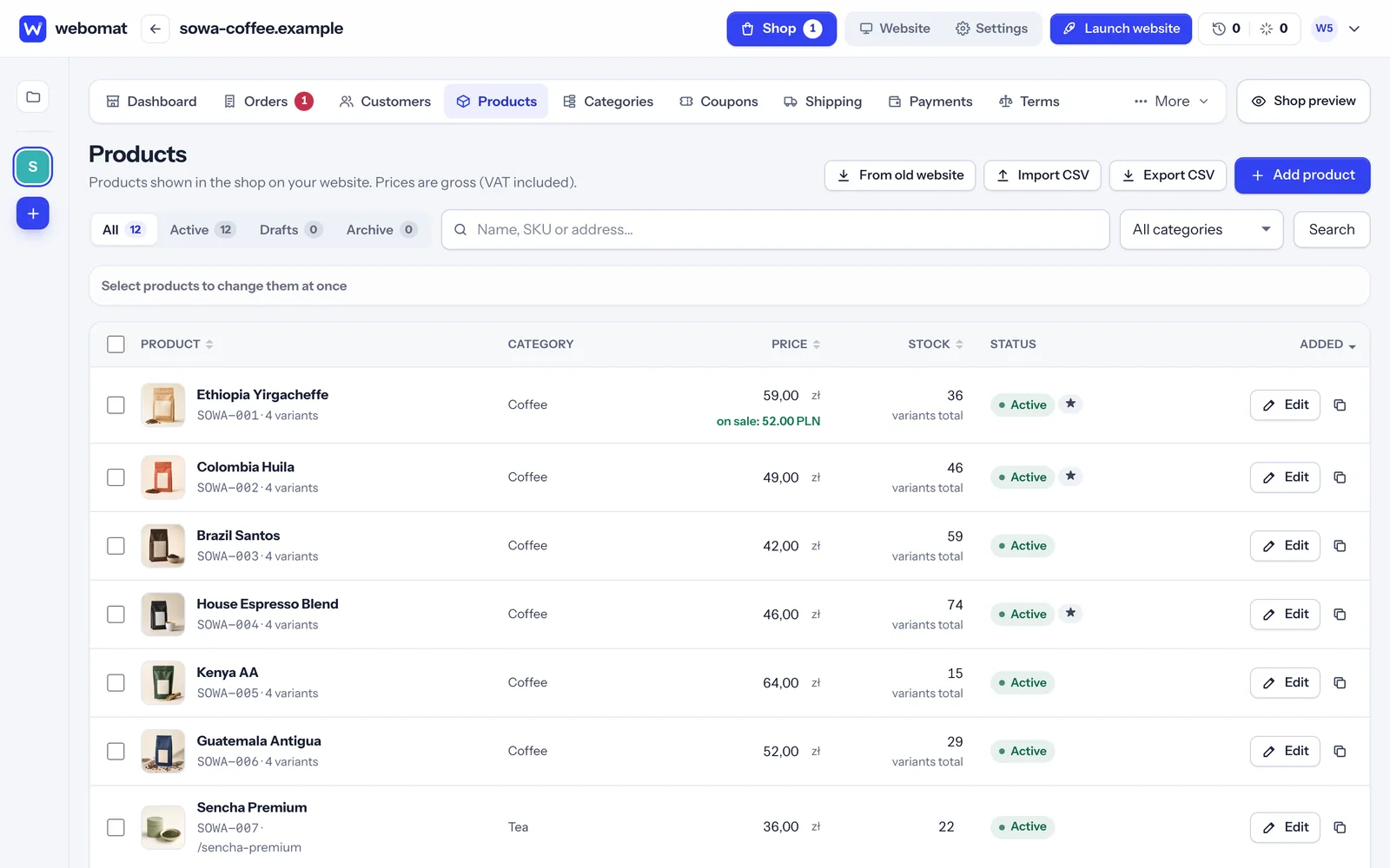 Webomat shop panel: product list with photos, prices, stock levels and statuses