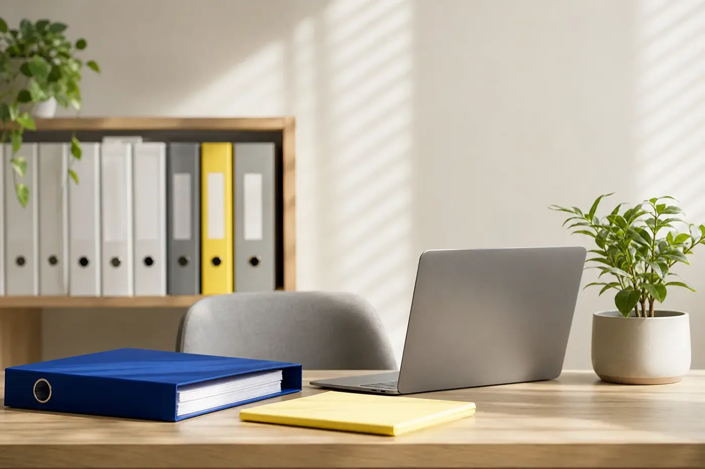 Desk with a laptop, a navy ring binder and a yellow notepad, shelves of files behind