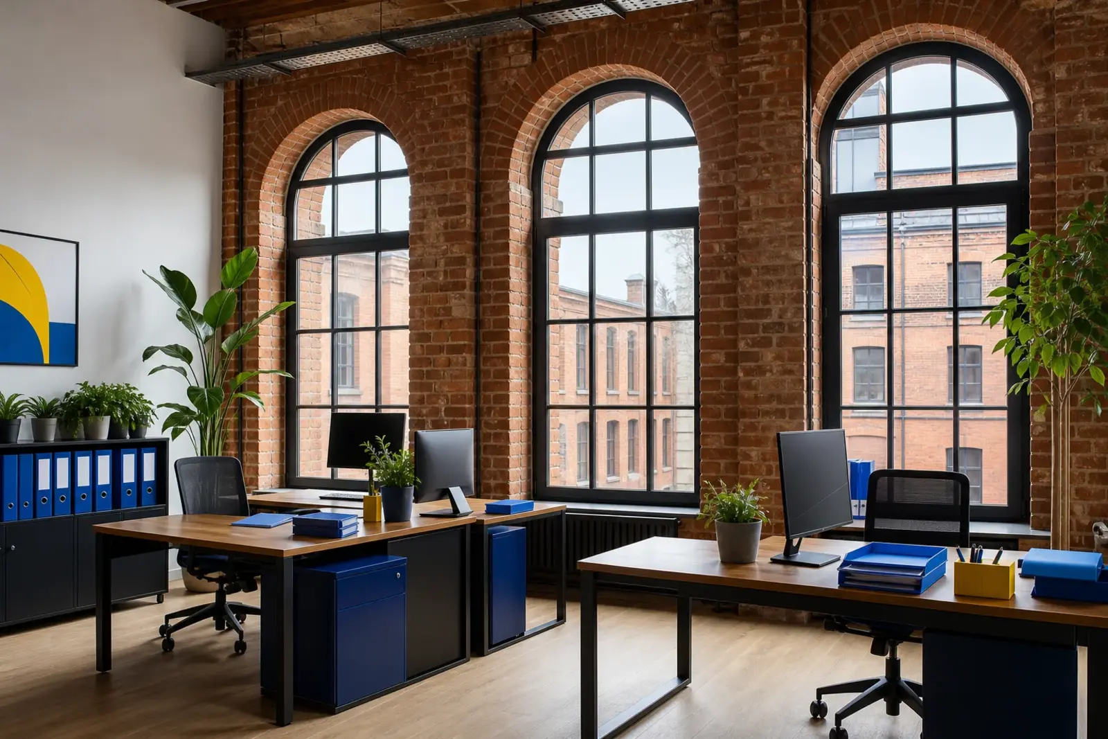 Bright office in a red-brick former mill with tall arched windows