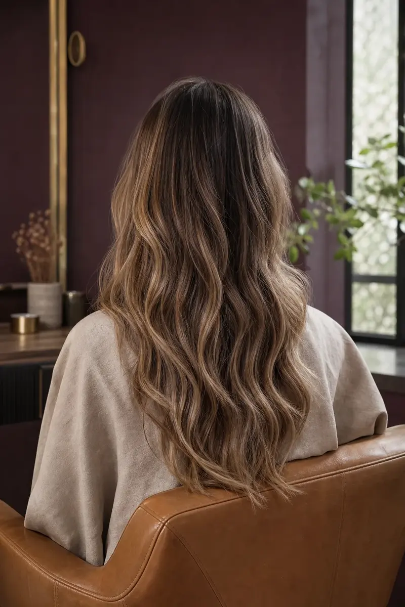 Long wavy hair with balayage seen from behind, client in a leather chair