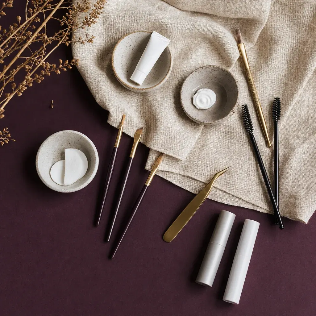 Brushes, spoolies and tweezers for brow styling laid out on linen
