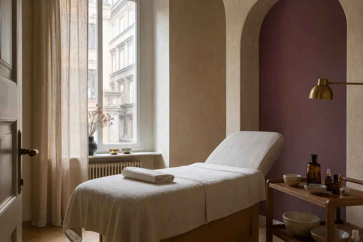 Treatment room with a linen-covered couch and a tall window