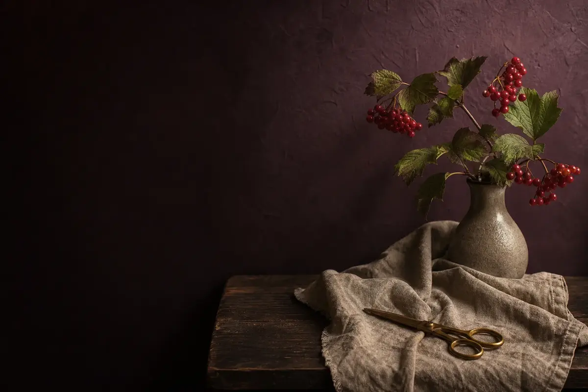 A sprig of red berries in a ceramic vase with a linen cloth and brass scissors