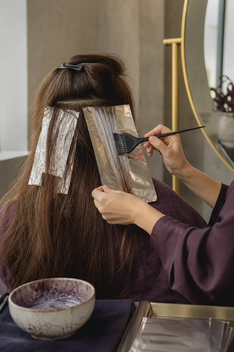A stylist brushing colour onto sections of hair, client seen from behind