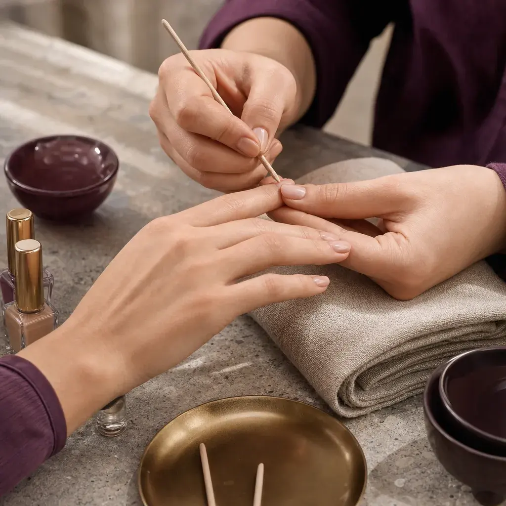 A nail technician's hands during a manicure on a linen towel