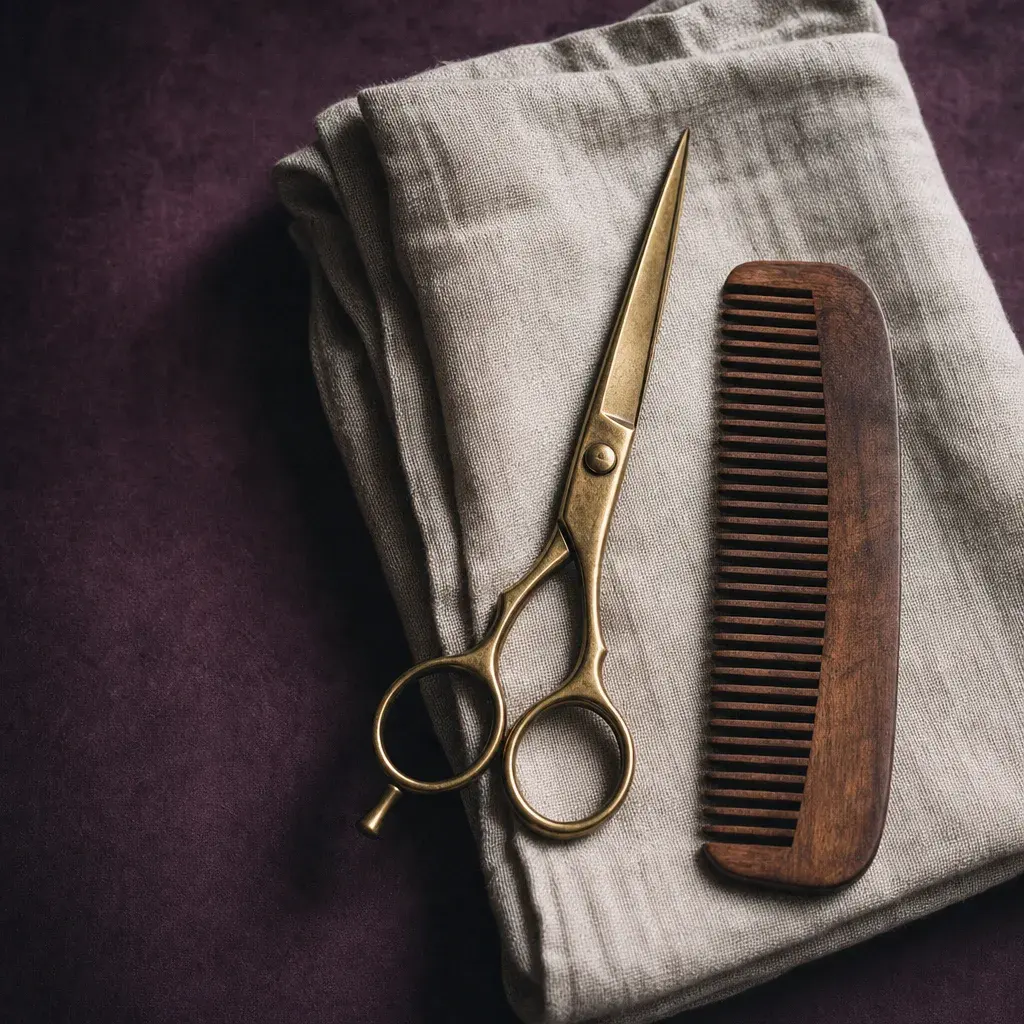 Brass scissors and a wooden comb on a linen towel