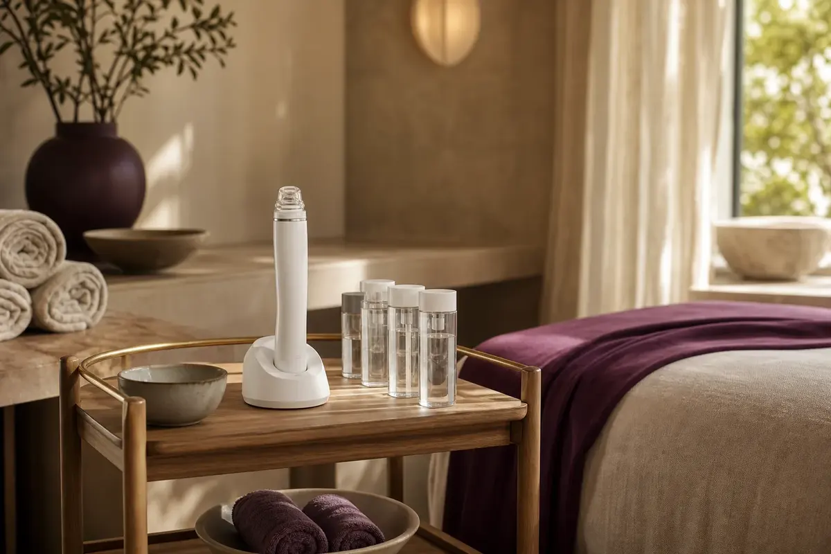 A hydrogen facial device on a wooden trolley in the treatment room
