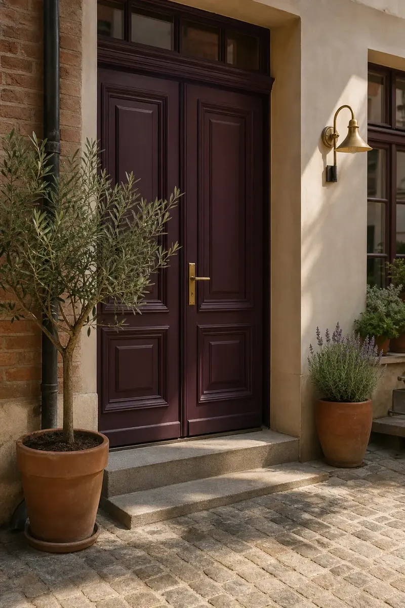 A plum-painted door off the courtyard of a restored tenement, with a potted olive tree and lavender