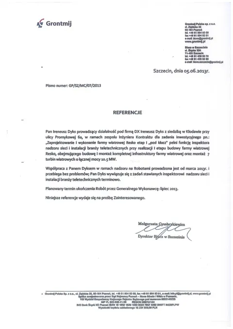 Reference letter from Grontmij Polska