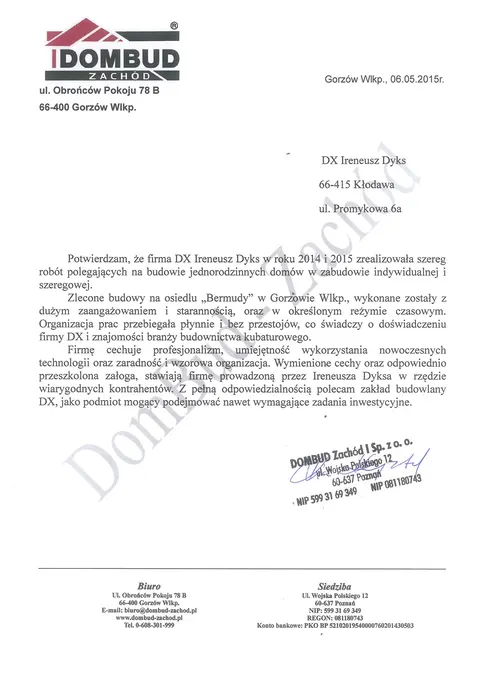 Reference letter from Dombud Zachód