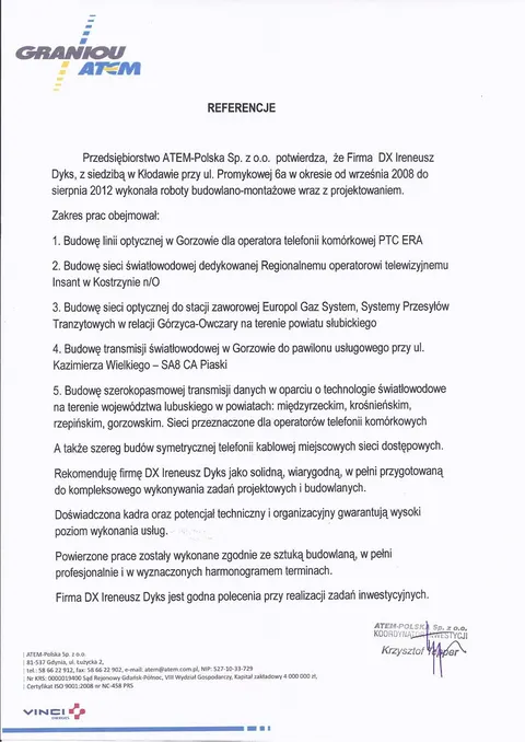 Reference letter from ATEM-Polska