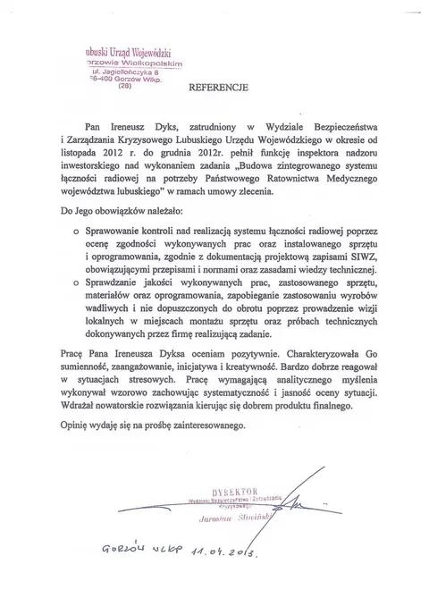 Reference letter from the Lubuskie Voivodeship Office