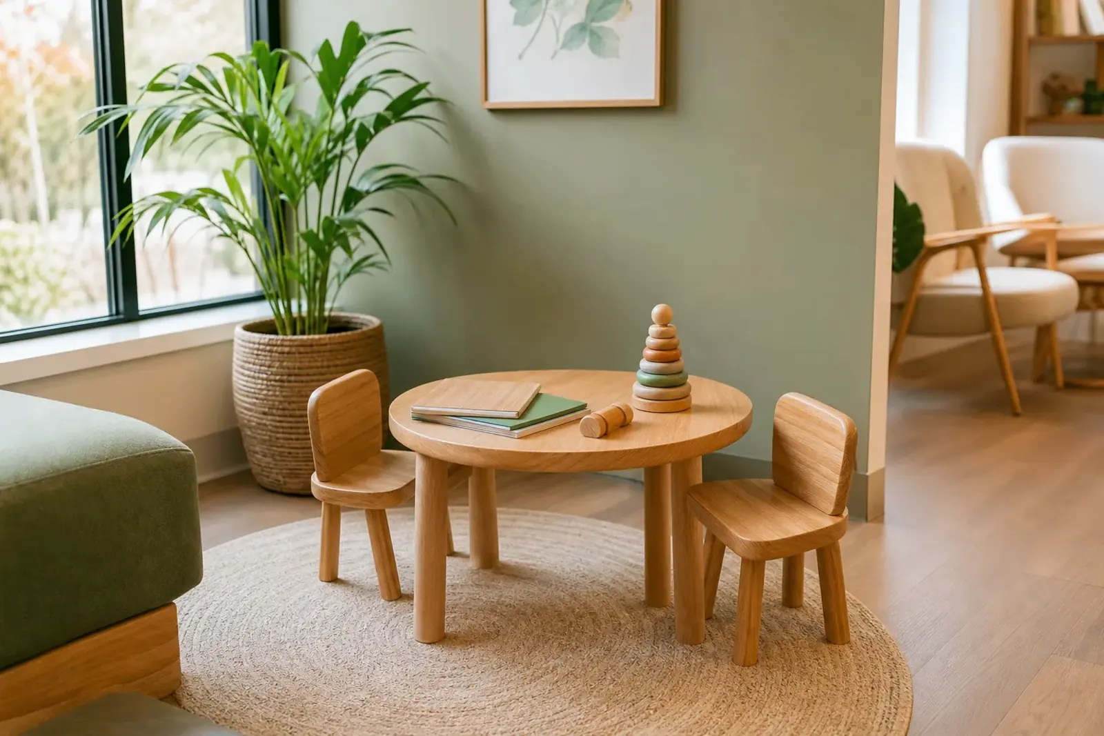 A low wooden table with small chairs and picture books in a bright waiting room