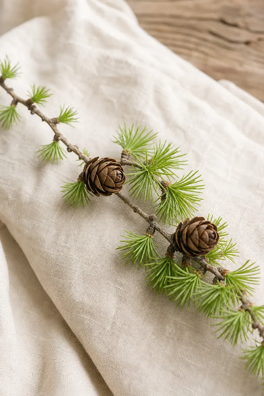 A larch sprig with soft tufts of needles and two small cones on natural linen