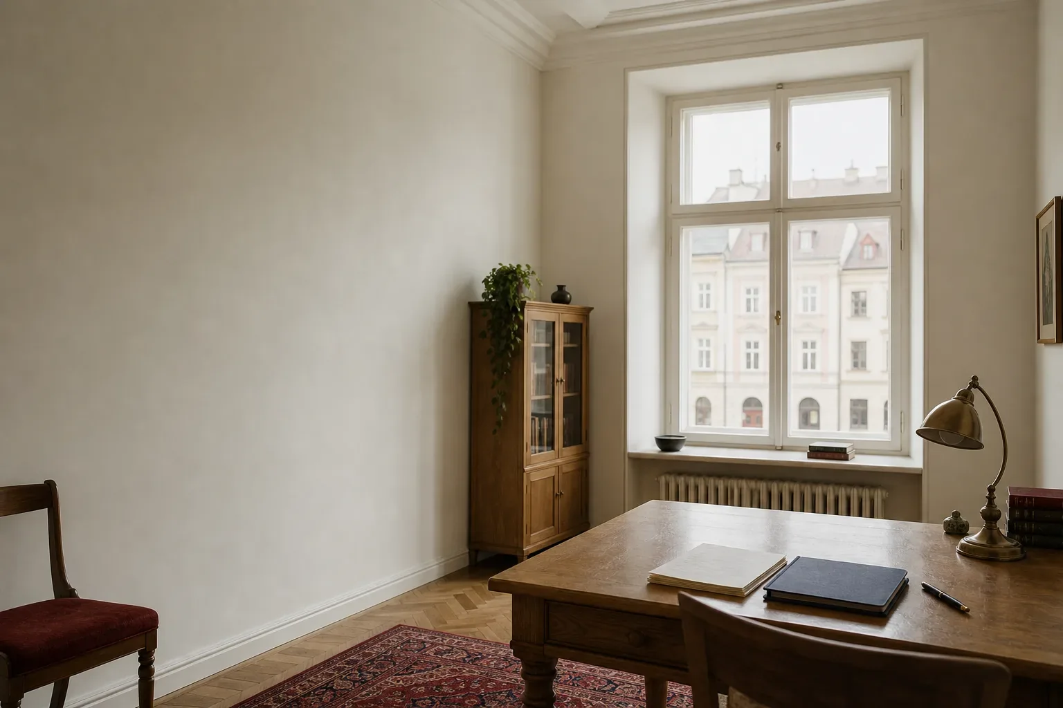 A solicitor’s office in a period building: an oak desk with papers beside a tall sash window