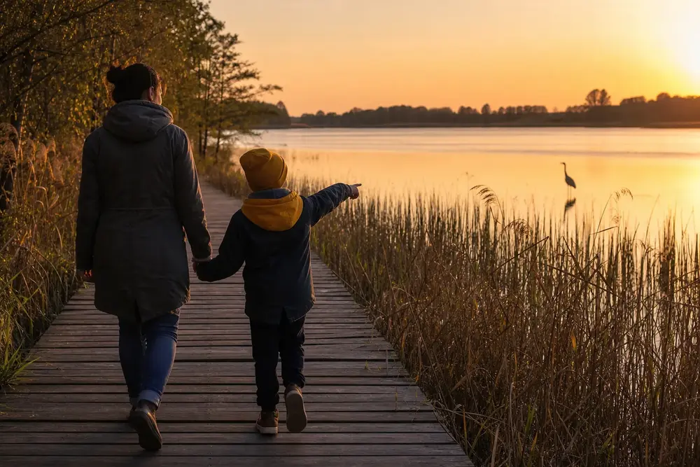 A parent and child on a boardwalk by a lake, the child pointing at a heron