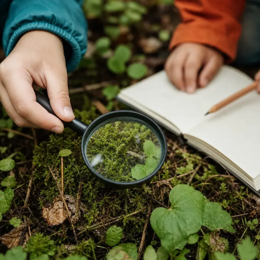 A child’s hand holding a magnifying glass over moss next to a notebook