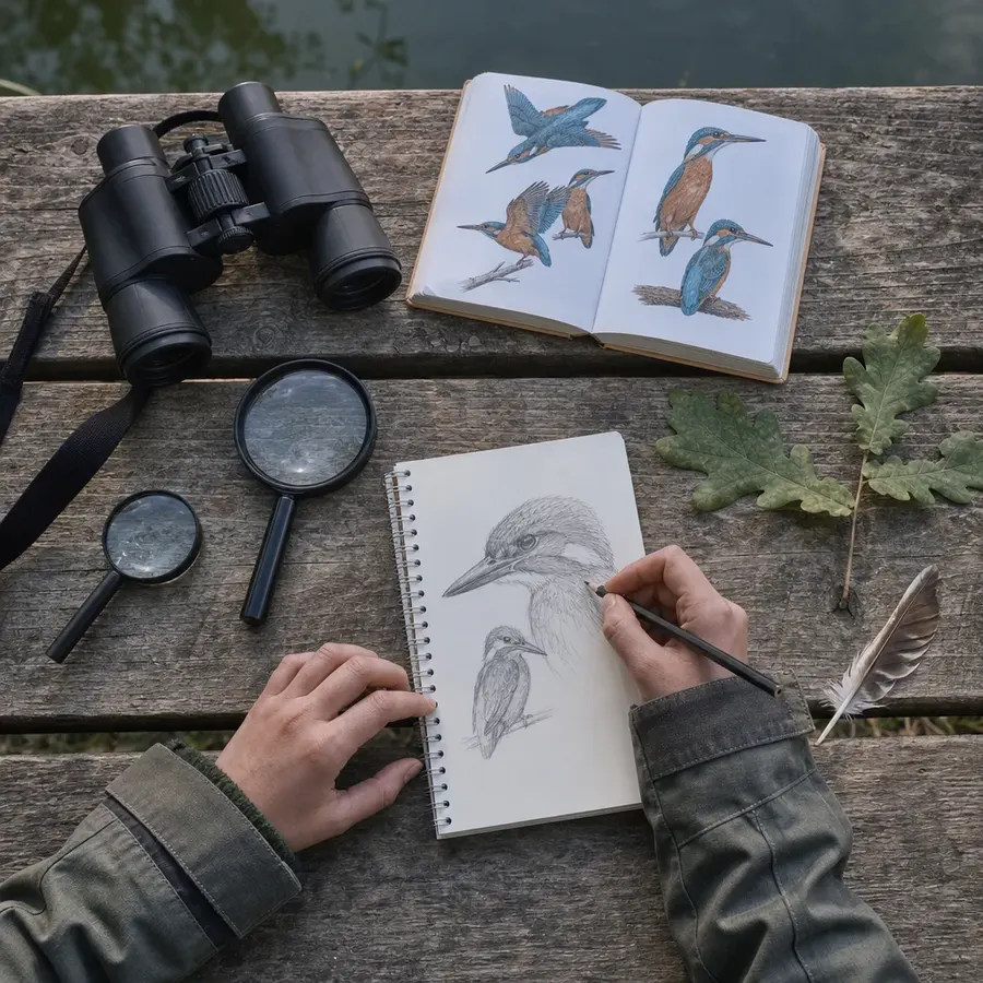 Binoculars, magnifying glasses, a bird guide and a sketchbook on a wooden table