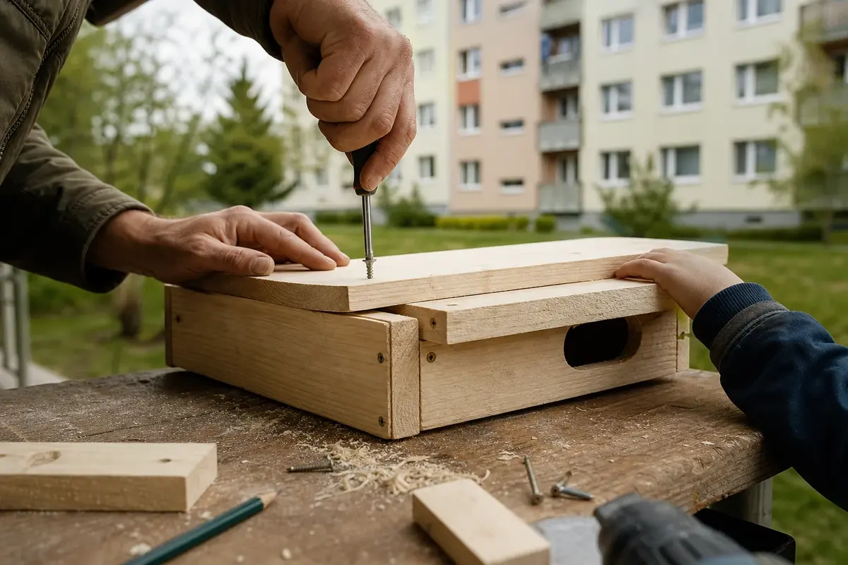 Dłonie dorosłego i dziecka składają drewnianą budkę lęgową dla jerzyków