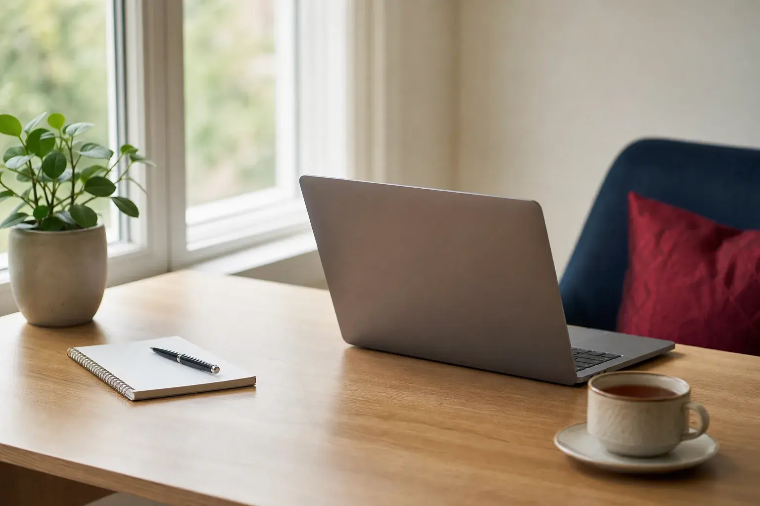 Laptop na dębowym biurku przy oknie, obok notes i filiżanka herbaty