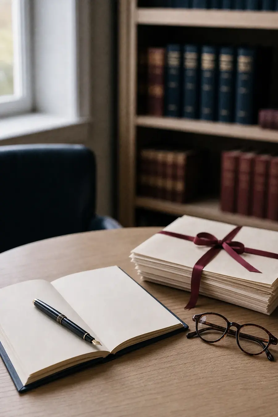 Otwarty notes z piórem, plik listów przewiązany bordową wstążką i okulary na stole