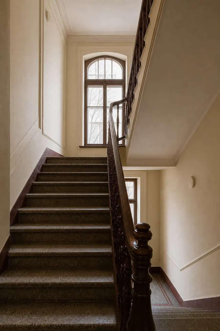 Klatka schodowa odnowionej przedwojennej kamienicy z drewnianą balustradą i łukowym oknem